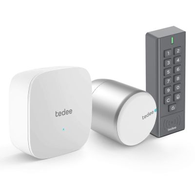 Zamek elektroniczny Tedee Lock PRO &ndash; srebrny, zestaw z routerem oraz klawiaturą Tedee