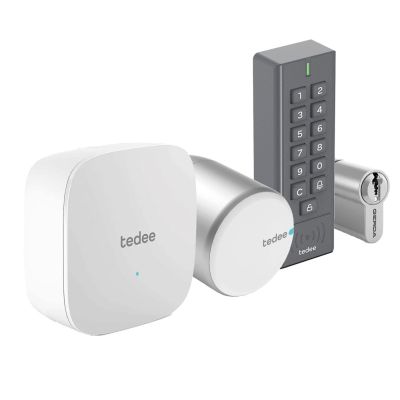 Inteligentny zamek GERDA Tedee PRO - srebrny, w zestawie z mostkiem, klawiaturą oraz wkładką SLR 30-61/37-68 mm (typ C)