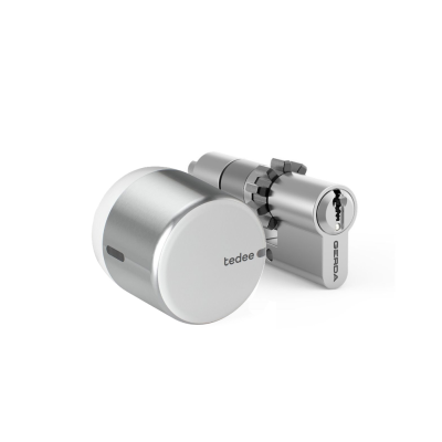 Zestaw inteligentny zamek Tedee Lock GO2 (aluminium) srebrny z białym przyciskiem + wkładka Gerda SLR 30-61/37-68 mm z zębatką (typ D)
